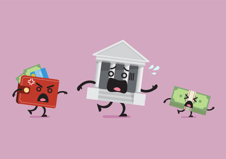 Bank money and wallet are running. Bank run economic concept. Financial crisis vector illustration.のイラスト素材