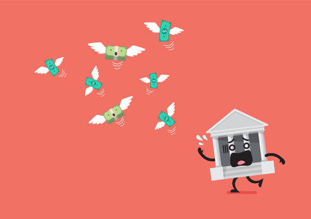 Money flying away from bank character. Business metaphor. Financial crisis vector illustration.のイラスト素材