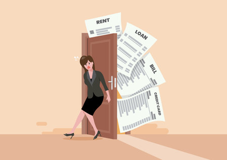 Frustrated woman try to close the door with full of debts and bills to pay. Overspend causing debt problem, financial failure or mistake, mortgage loan risk, bankrupt or credit score trouble concept. Vector illustrationのイラスト素材