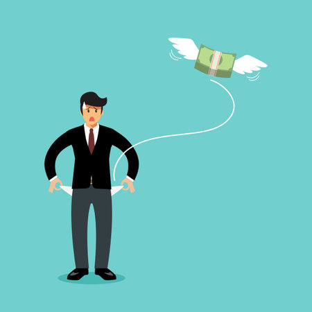 Money flying away from businessman's pockets. Businessman has no money. Vector illustration. graphic cartoonのイラスト素材
