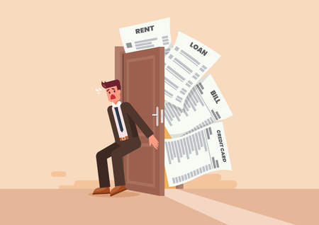 Frustrated man try to close the door with full of debts and bills to pay. Overspend causing debt problem, financial failure or mistake, mortgage loan risk, bankrupt or credit score trouble concept. Vector illustrationのイラスト素材