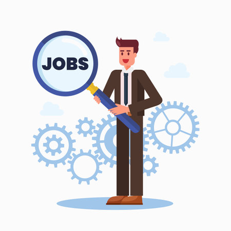 Businessman is holding magnifying glass to finding new job. Vector illustrationのイラスト素材