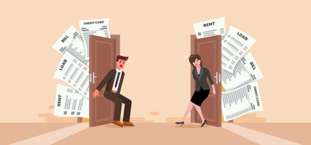 Frustrated man and woman try to close the door with full of debts and bills to pay. Overspend causing debt problem, financial failure or mistake, mortgage loan risk, bankrupt or credit score trouble concept. Vector illustrationのイラスト素材