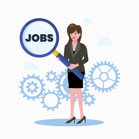 Business woman is holding magnifying glass to finding new job. Vector illustrationのイラスト素材