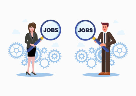 Businessman and woman are holding magnifying glass to finding new job. Vector illustrationのイラスト素材