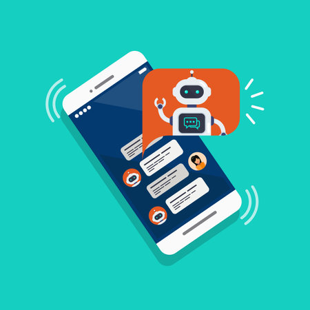 Chat bot on a smartphone. AI assistant robot for communicating with users. Concept of virtual assistant to provide information. Vector illustrationのイラスト素材