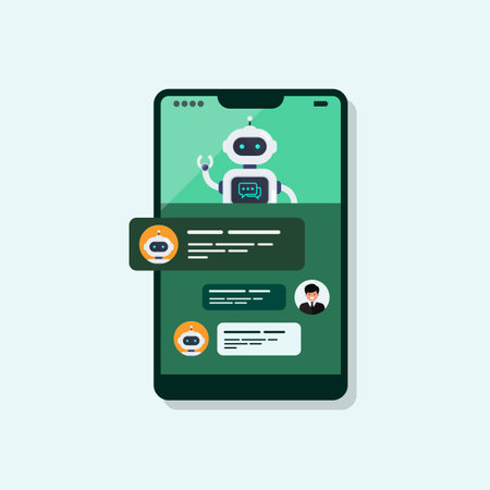 Smart Ai chat bot on smartphone screen. Chat bot communicate with human. Chat GPT. Artificial Intelligence. Vector illustrationのイラスト素材