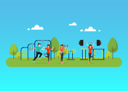 People are doing exercise at public park. Vector illustrationのイラスト素材