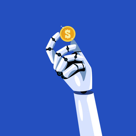 Robot hand is holding dollar coin. Artificial Intelligence. Vector illustrationのイラスト素材