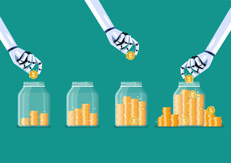 Robot hands saving coins in glass jars. Vector illustrationのイラスト素材