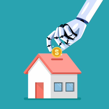 Robot hand collect the money in house piggy bank. Artificial Intelligence. Vector illustrationのイラスト素材