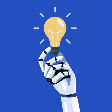 Robot hand is holding lightbulb idea. Concept of machine learning. Artificial Intelligence. Vector illustrationのイラスト素材