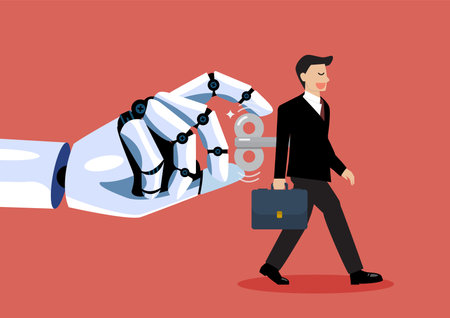 Robot hand turns on businessman with wind up key in his back. Digital disruption concept. Vector illustrationのイラスト素材
