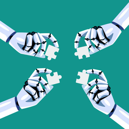 AI robots insert jigsaw pieces together. Human and AI Artificial Intelligence working together. Vector illustrationのイラスト素材