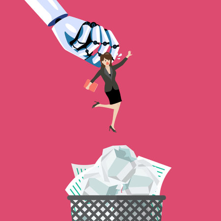 Robot throwing business woman in a trash can. Artifical intelligence replacing jobs concept. Vector illustrationのイラスト素材