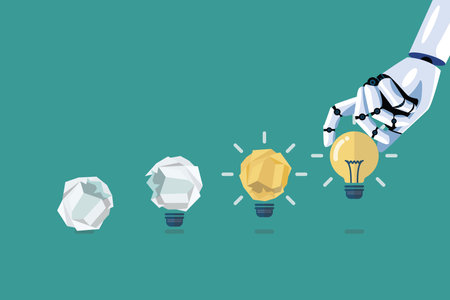 Robot changing gabage to idea. Process of changing crumpled paper into perfect idea. Business concept. Vector illustrationのイラスト素材