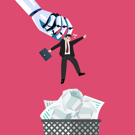 Robot throwing man in a trash can. Artifical intelligence replacing jobs concept. Vector illustrationのイラスト素材