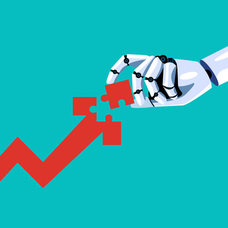 Robot inserts the missing puzzle in arrow graph up. Concept of machine learning. Artificial Intelligence. Vector illustrationのイラスト素材