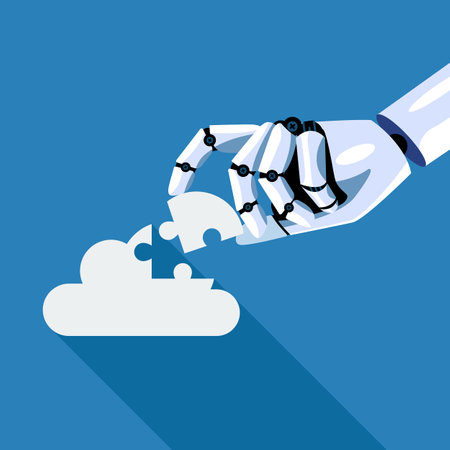 Robot inserts the missing puzzle in cloud. Concept of machine learning. Artificial Intelligence. Vector illustration. Technology business concept.のイラスト素材