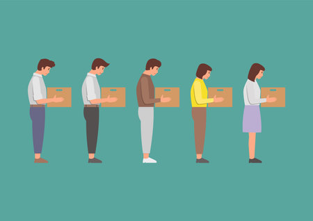 Fired office workers holds boxes. Financial crisis and unemployment .Staff reduction concept. vector illustration.のイラスト素材