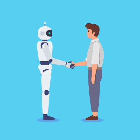 Handshake between man and robot. Human and AI Artificial Intelligence working together. Vector illustrationのイラスト素材