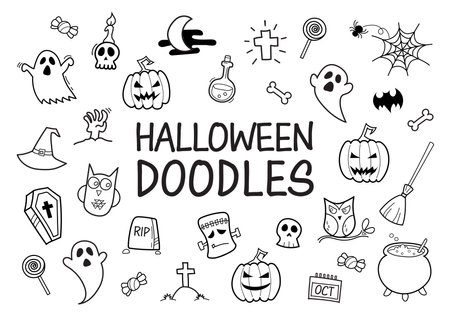 Halloween doodles hand drawn icons. Vector illustrationのイラスト素材
