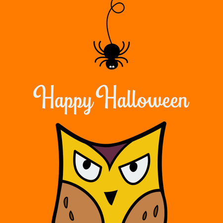 Owl face head looking up to hanging on dash line web spider doodle. Hand drawn doodle vector illustration.のイラスト素材