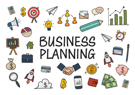 Business doodles hand drawn color icons. Vector illustrationのイラスト素材