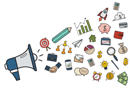 Megaphone with Business doodles hand drawn icons. Vector illustrationのイラスト素材