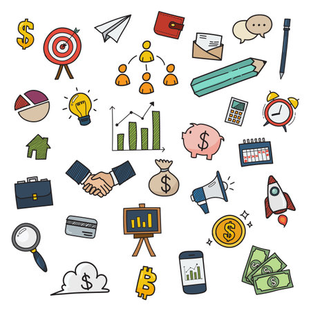 Business color icons doodle hand drawn. Vector illustrationのイラスト素材
