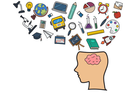 Human head with education doodles color icons. Hand drawn elements design styleのイラスト素材