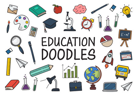 Education doodles color hand drawn icons. Vector illustrationのイラスト素材