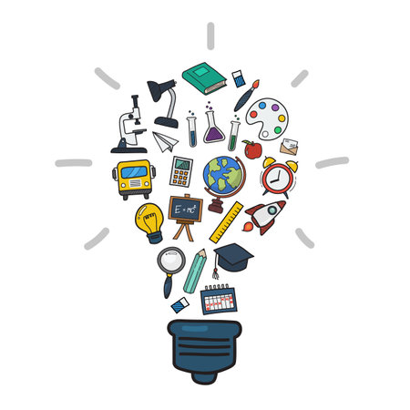 Education icons in Light bulb shape color doodle style. Vector Illustrationのイラスト素材