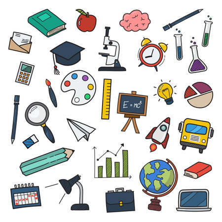Education icons doodle color hand drawn. Vector illustrationのイラスト素材