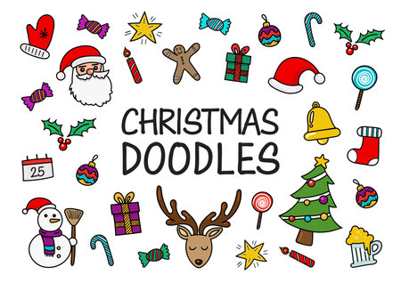 Christmas doodles hand drawn icons. Vector illustrationのイラスト素材
