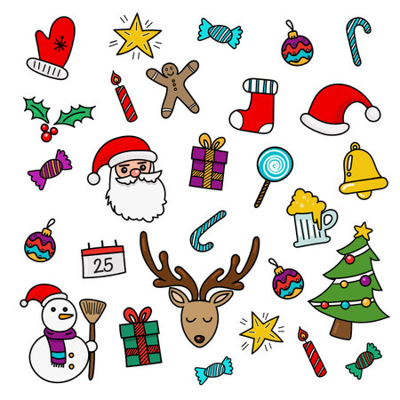 Christmas doodles color hand drawn. Vector illustrationのイラスト素材