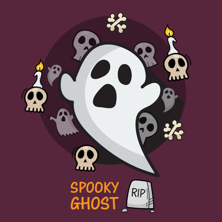 Spooky ghost greeting card doodle style. Vector illustrationのイラスト素材