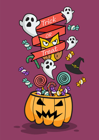 Halloween pumpkin basket on Trick or Treat Poster Doodle style. Doodle hand drawn style vector illustration.のイラスト素材