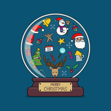 Merry christmas glass ball with Christmas decoration doodle elements. Vector illustrationのイラスト素材