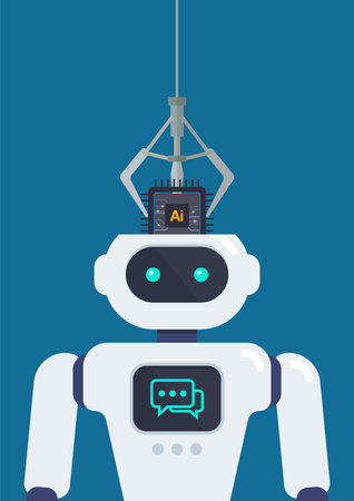 Robot arm put AI processing chip into robot head. machine learning and cyber mind domination concept. vector illustration.のイラスト素材