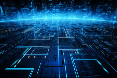 Blue Digital Network Grid with Light Effects. Illustration Generative Aiの素材