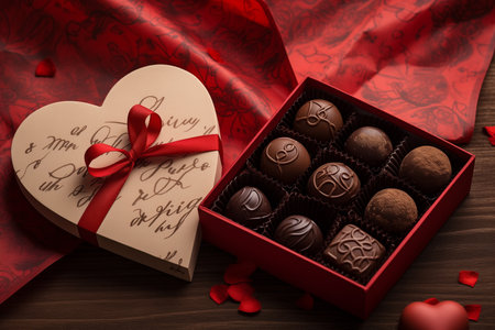 Box of chocolate sweets, red ribbon and heart shaped decoration for Valentine's Day By Generative Aiの素材