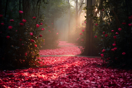 Mysterious red rose petal trail. Idyllic tranquil fantasy scene by Generative Aiの素材