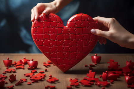 Two people put together a heart-shaped puzzle. concept of building love relationships. By Generative Aiの素材