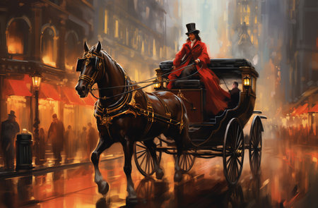 Horse drawn carriage through a vintage cityscape by Generative Aiの素材