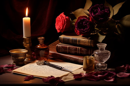 Love letter with a quill pen and inkwell. Vintage style by Generative Aiの素材