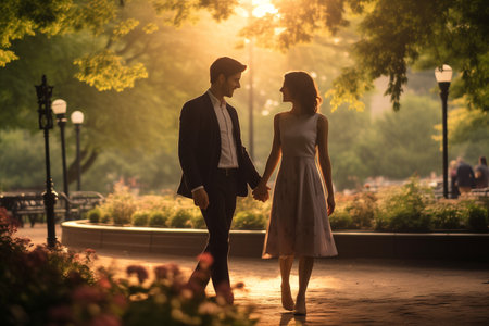 Young happy couple walking trough romantic park and having conversation by Generative Ai.の素材