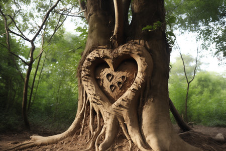 Initials and a love heart carved into tree trunk by Generative Aiの素材