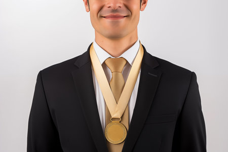 Gold medal hanging around a businessman neck concept for success and winning by Generative Aiの素材