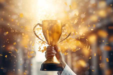 Woman holding gold trophy cup under confetti. Congratulations on success by Generative Aiの素材